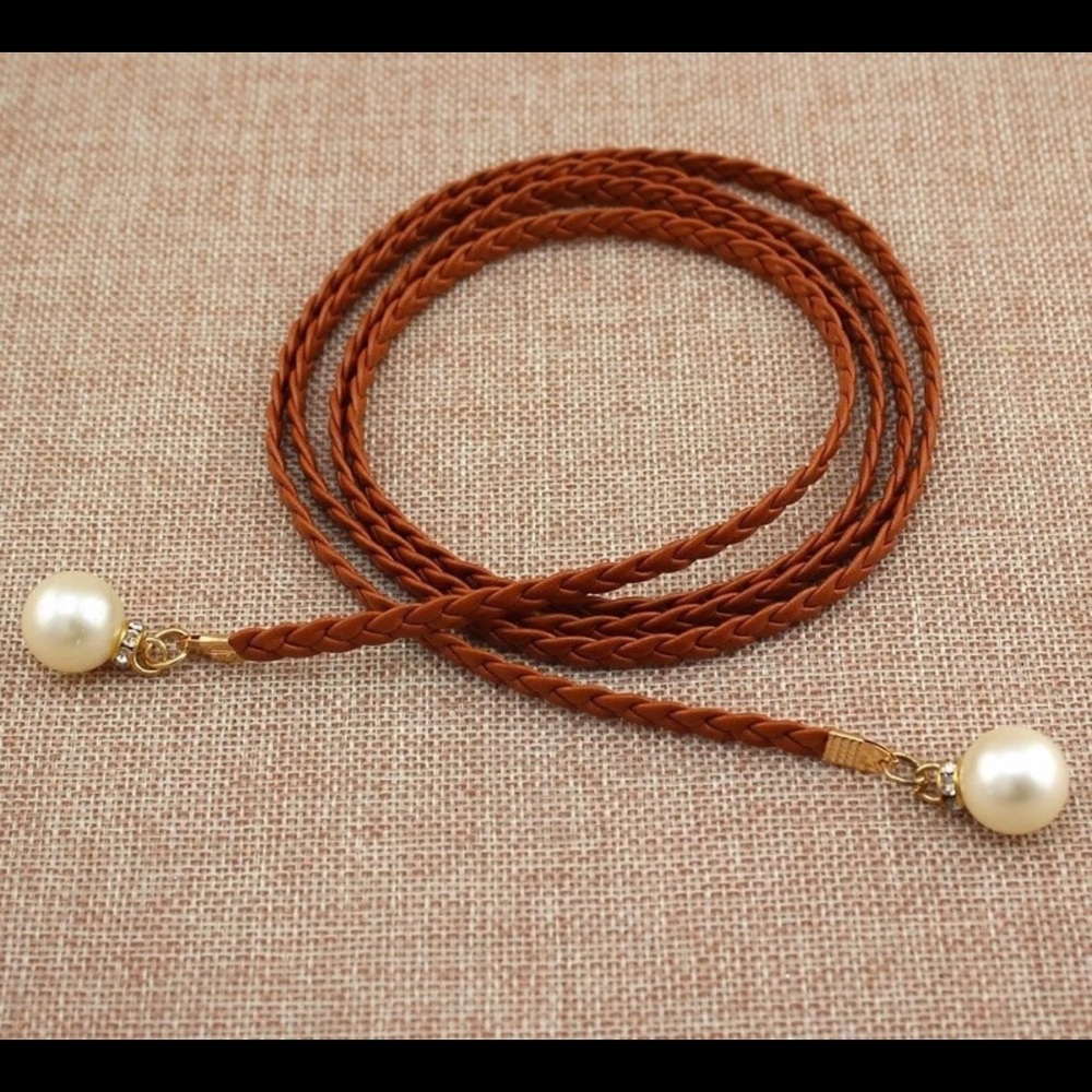 Thin Knit Braided Belt Faux Pearl & Leather BROWN